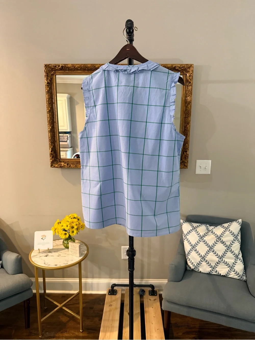 J. Crew Blue Windowpane Ruffle Sleeveless Button Front Top